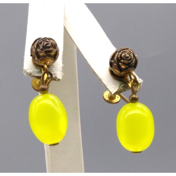 Bright Yellow Moonglow Drop Earrings, Gold Tone Screw Back with Brassy Rose Bead - Picture 1 of 4